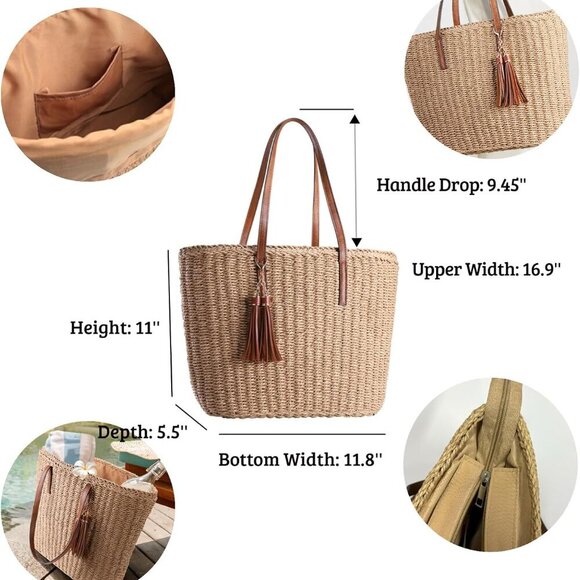 Straw Bags For Women | M Size Travel Straw s Bag Woven Summer Handmade Shoulder - Picture 6 of 8